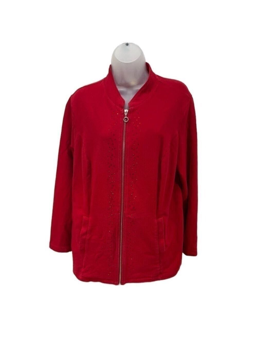 CJ Banks Women’s Red Zip Up Sweatshirt Jacket Size X Adorned with Gemsto…